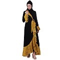 Designer abaya with  printed frills- Black-Mustard